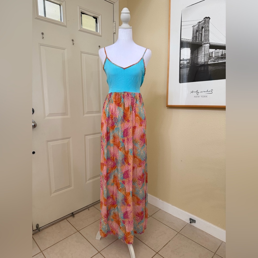 Taravana Turquoise Bodice Tropical Print Maxi Dress With Waist Tie Medium